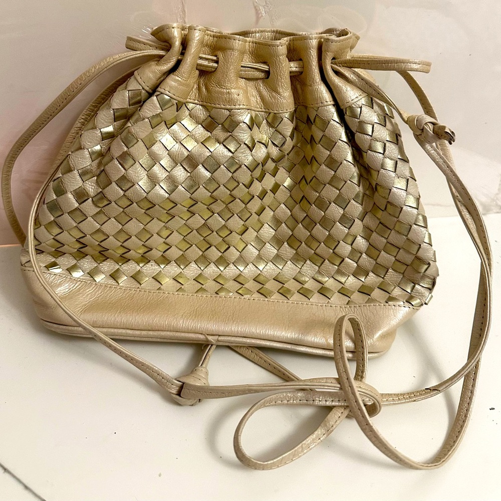 Vintage Metallic Platinum Leather Woven Shoulder Pouch Purse Bag Made Hungary